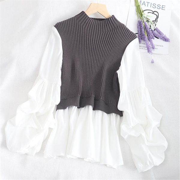 

estenala women's knit patchwork fake two-piece slim fit lantern sleeved shirt tide turtleneck pullovers sweater 1, White;black