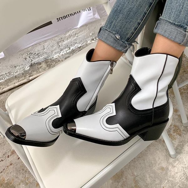 

boots winter genuine leather short women chunky heels knight shoes woman fashion metal decoration ankle mujer, Black