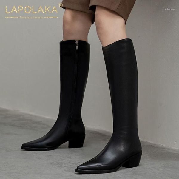 

boots lapolaka brand 2021 high-quality simple thick heel zipper mid calf women's square heels fashion ladies1, Black