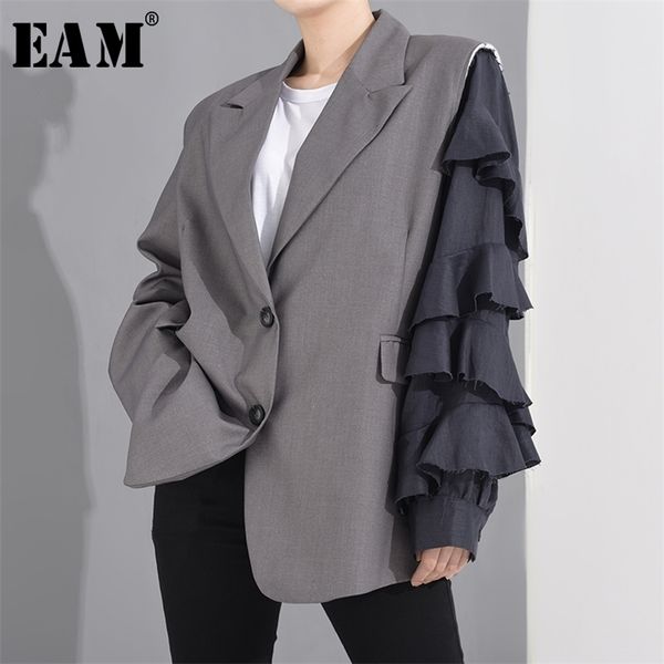 

[eam] women gray ruffles burr split big size blazer new lapel long sleeve loose fit jacket fashion spring autumn 2020 lj201214, White;black