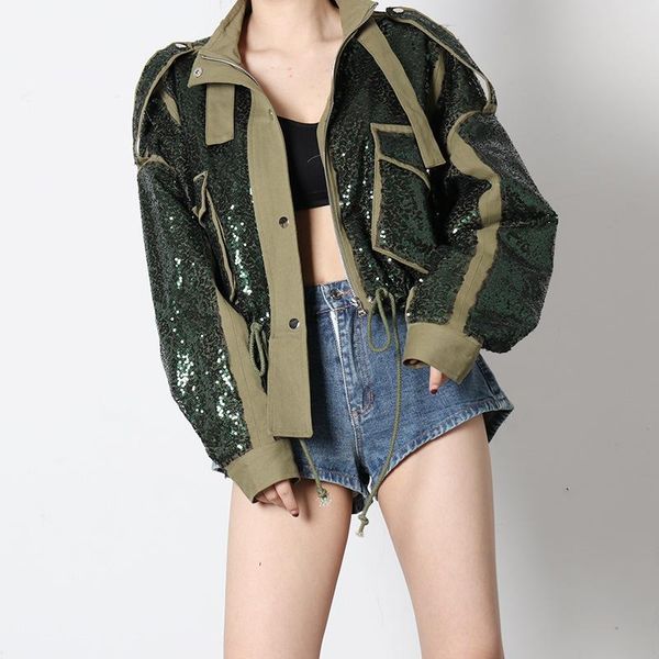 

brand tooling heavy industry jacket women winter sequined jacket coat glitter long sleeve short coats pocket outwear streetwear, Black;brown