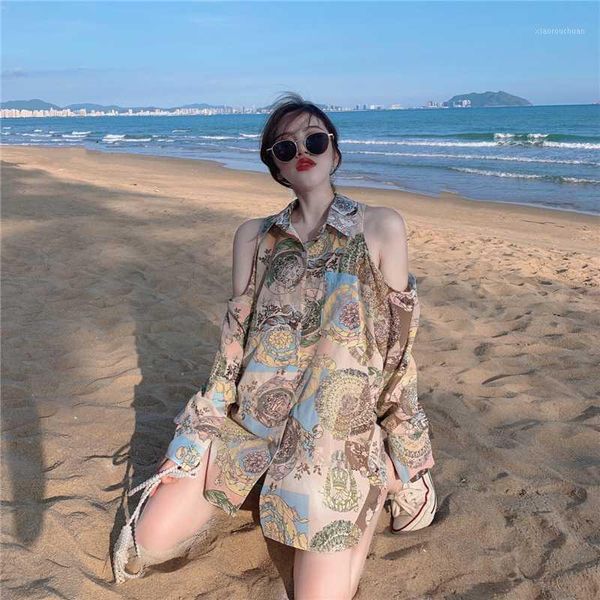 

chic off shoulder korean clothes loose fashion brand hollow out print women's clothing autumn style shirts long sleeve blouses1, White