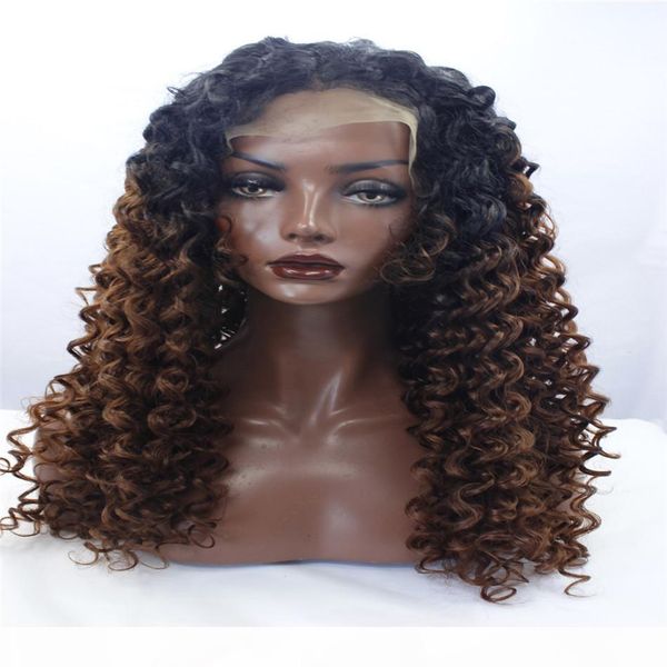 

lace front dlme natural babyhair bleach knots ombre brown #1 30 color afro kinky curly wigs mixed 180% short synthetic hair lace front wig, Black;brown