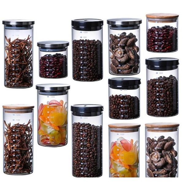 

600/800/1000/1200ml bamboo/ stainless lid glass airtight canister storage bottles grains tea leaf coffee be bbyfpm bdesports