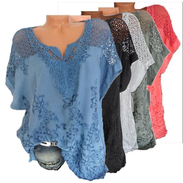 

embroidery blouse women 2020 summer casual large size lace cotton women shirts v-neck bat sleeve plus size 6xl, White