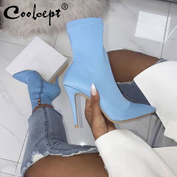 

boots coolcept size 36-41 women thin heel force elastic mid calf winter fashion stretch zipper sock, Black