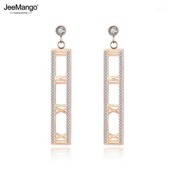 

jeemango roman numeral design long earring rose gold stainless steel cubic zirconia stud earrings jewelry for women girl je190181, Golden;silver