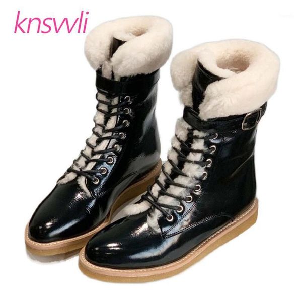 

boots runway women wool warm snow round toe lace up motorcycle fur winter shoes flat ankle woman1, Black