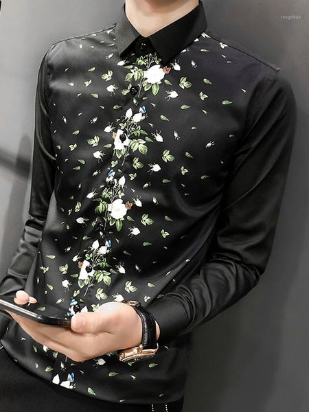 

2019 spring black flower print shirt long sleeve camisas hombre slim fit party prom club wedding shirt camisa masculina1, White;black