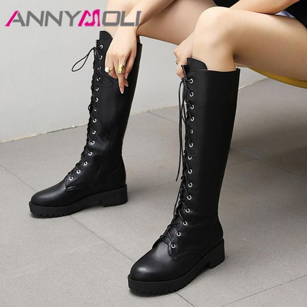 

annymoli мотоцикл сапоги женщина платформа med каблука колено высокие сапоги zip толстый каблук длинные узелок леди обувь осень зима 43, Black