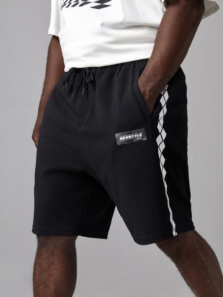 

extended sizes men patch detail contrast geo sideseam shorts 52oq#, Black