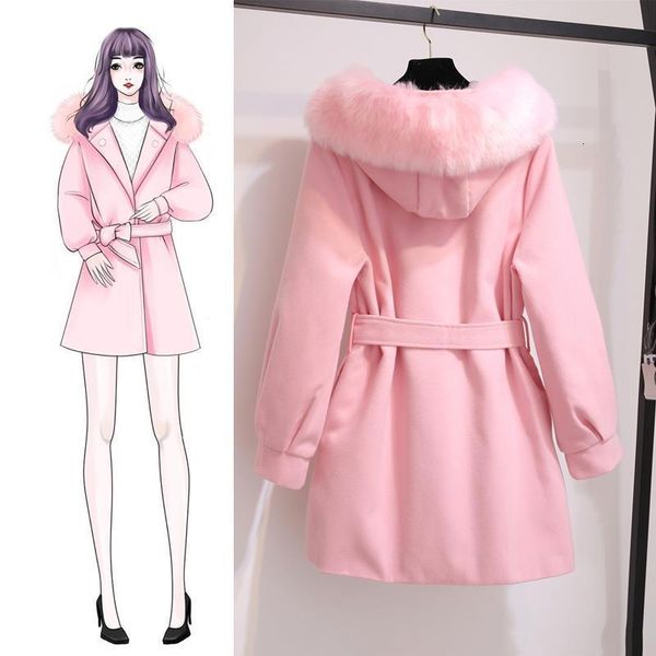 

coat women's mid-length long fur collar hooded waist 2020 new fashion autumn and winter woolen jacket women clothing, Black