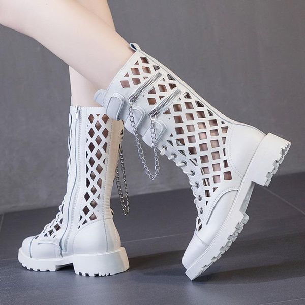 

deat 2020 new spring autumn fashion large size hollow out hole martin street chain leather single shoes women cool boots sf662, Black