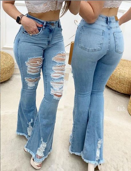 

flare jeans women ripped wide leg jeans denim trousers vintage bell bottom jean high waist pants ladies push up calca jeans, Blue