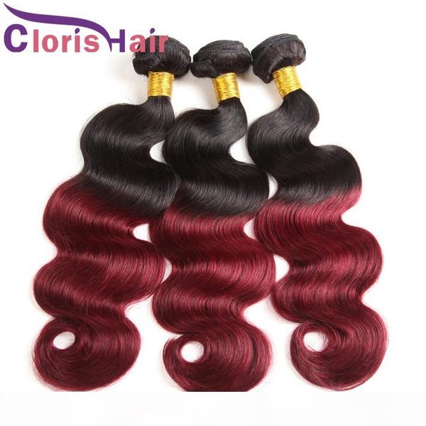 

highlight 1b 99j body wave mink malaysian hair dark roots burgundy ombre weave 3 bundles two toned wine red ombre hair extensions, Black