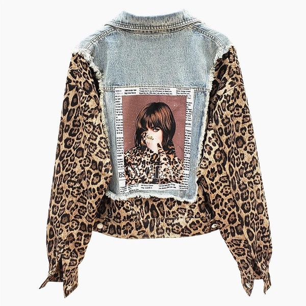 

women's jackets 2021 autumn fashion short leopard patchwork denim jacket women coat long sleeve loose jeans streetwear d3305, Black;brown