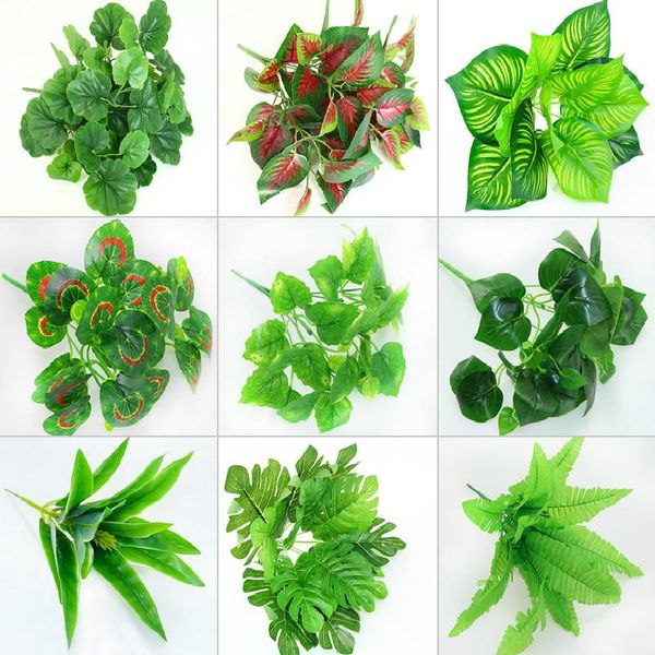 

1piece green artificial leaves monstera palm leaf plants wall material decorative fake plants for home shop garden party decor