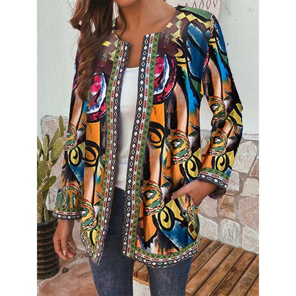 

wepbel open stitch pocket coats jacket women's autumn retro ethnic printed long-sleeved jackets outwear plus size, Black;brown