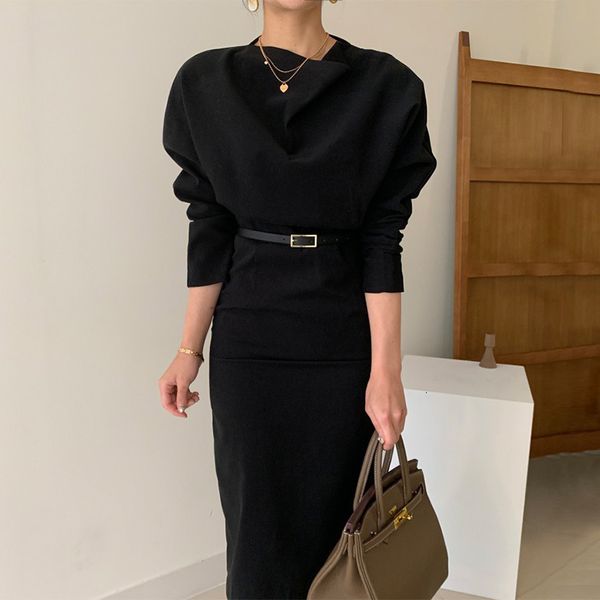 

2021 new fancy style women's solid the-neck puff sleeves empire waist wrapped in ribbons office lady dress mid-spring long v9th, Black;gray