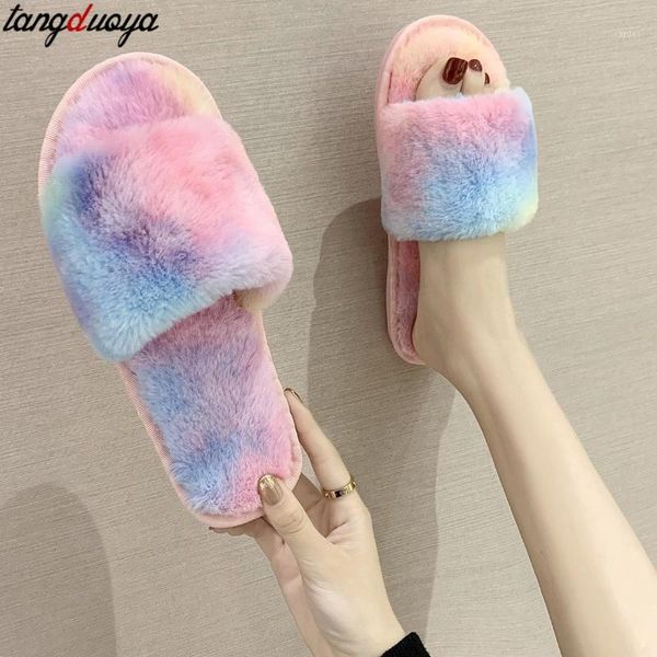 

slippers winter furry women house faux fur fashion warm shoes slip on flats slides blue pink cozy home zapatos mujer1, Black