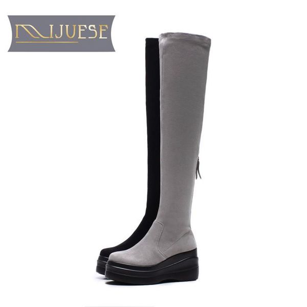

boots mljuese 2021 women over the knee cow suede black color winter short plush zippers wedges platform high