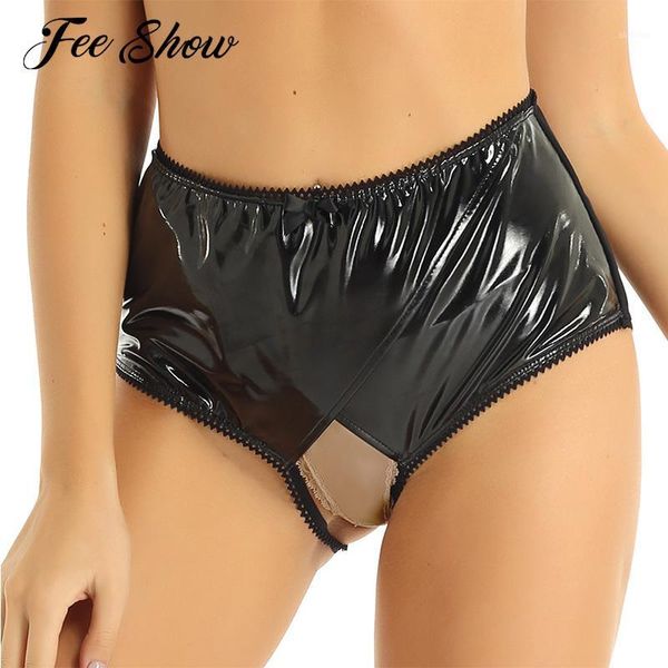 

women's panties women lingerie latex wet look patent leather crotchless sissy sheer mesh splice open crotch briefs underwear1, Black;pink