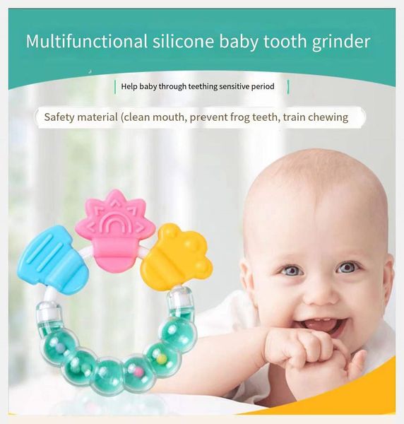 

2022 colorful bell pacifiers rattle toys teether stick cute silicone teething bite molar rod infant baby toy