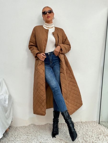 

dual pocket drop shoulder longline quilted coat n7v8#, Black