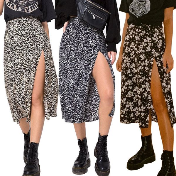 

women summer split leopard skirts 2020 black fashion long skirt woman floral loose lady clothes black mid calf skirts 1014