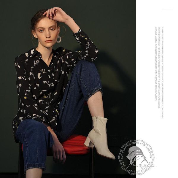 

women's blouses & shirts black print heels floral silk blouse for women long sleeve plus size casual office dress loose dr, White