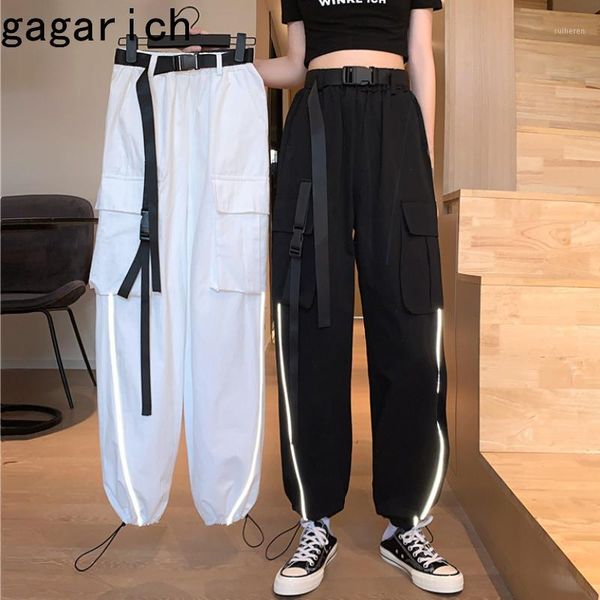 

gagarich women ankle-length pants 2020 cargo loose elastic high waist glow sashes pocket letter beam feet sport korean casual1, Black;white