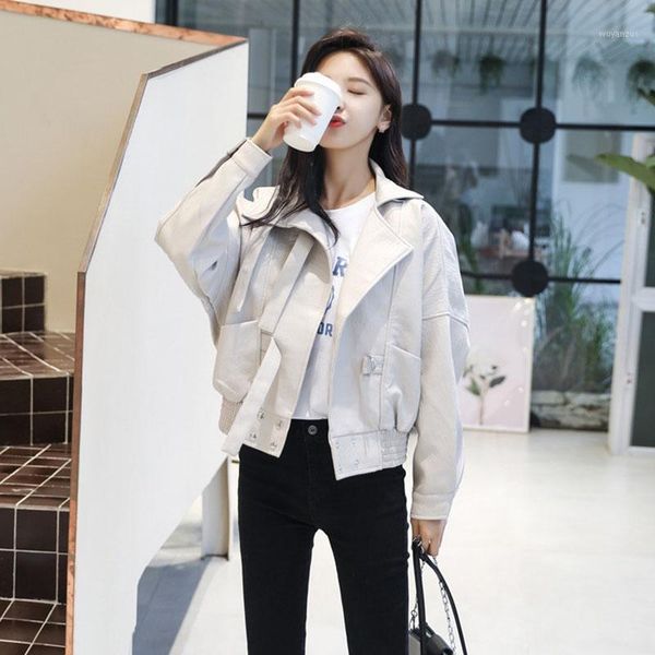 

2020spring autumn new leather jacket female ins short korean suit collar loose casual small motorcycle leather jacket tideaa1511, Black