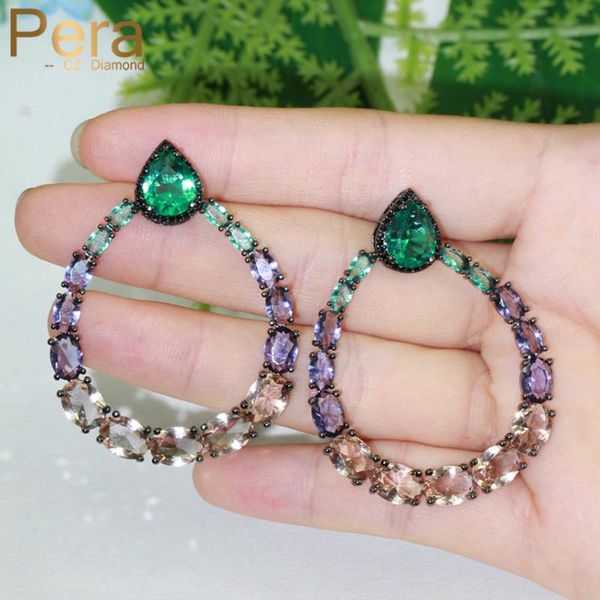 

pera trendy green purple champagne cubic zirconia black gold big round circle drop earrings for women fashion boho jewelry e619, Silver
