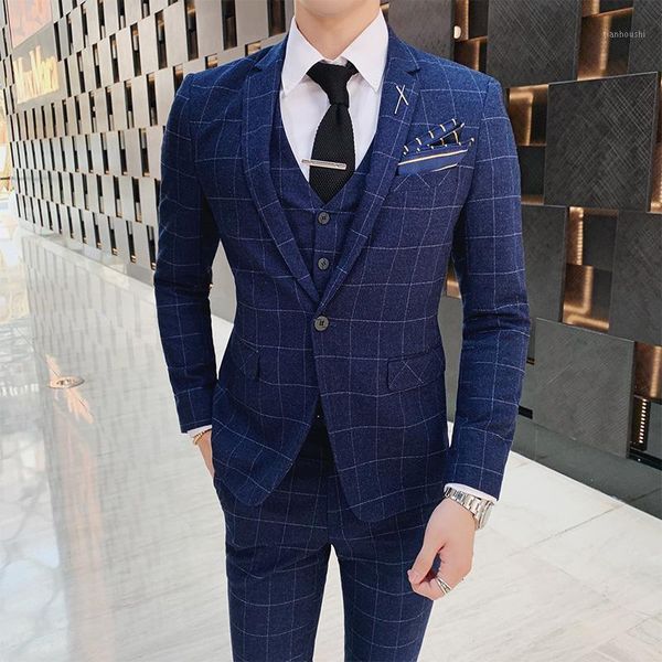 

four-season british plaid youth suit men's leisure slim suit three-piece business professional1, White;black
