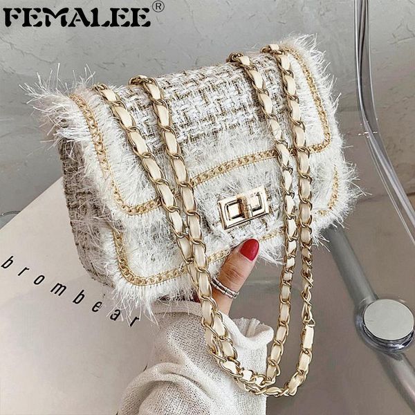 

winter gentle style tassel border tweed crossbody bag women fashion woolen chain shoulder bag designer lady square handbag purse