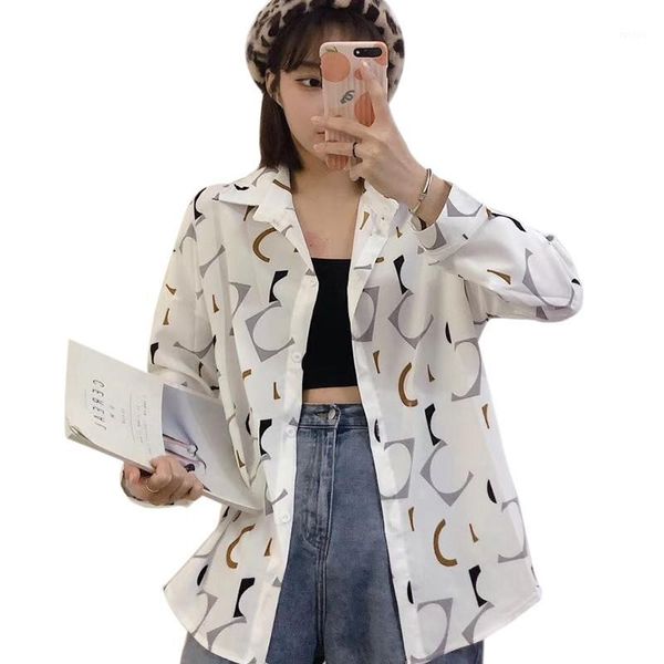 

summer women's vintage personality printed casual long sleeve turn-down collar loose shirt beach, White