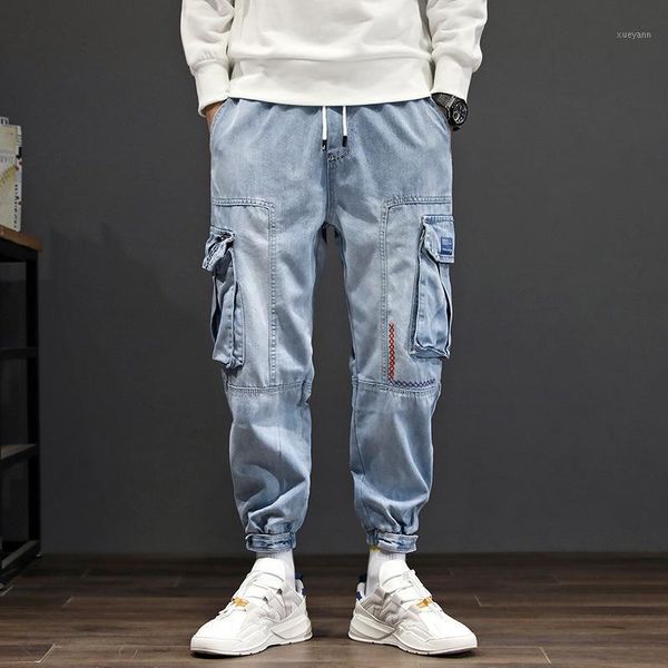 

web celebrity embroidered jeans popular logo leggings for mentrendy korean version of the nine - minute halon trousers1, Blue