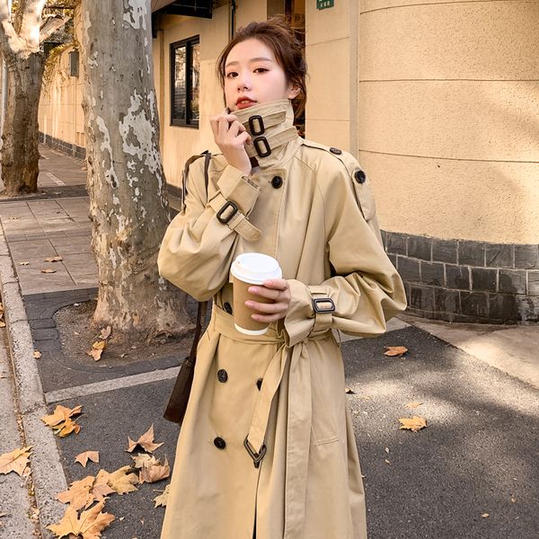 

brand new spring autumn women trench coat long double-breasted with belts flaps england style duster coat cloak female outerwear 1028, Tan;black