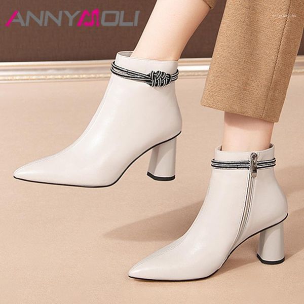 

boots annymoli crystal real leather high heel short women shoes pointed toe block heels zip ankle ladies autumn winter 411, Black