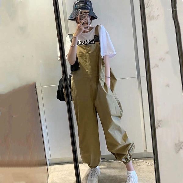 

women's pants & capris 2021 autumn women loose khaki cargo overalls suspender trousers bf style casual strap harem pants1, Black;white