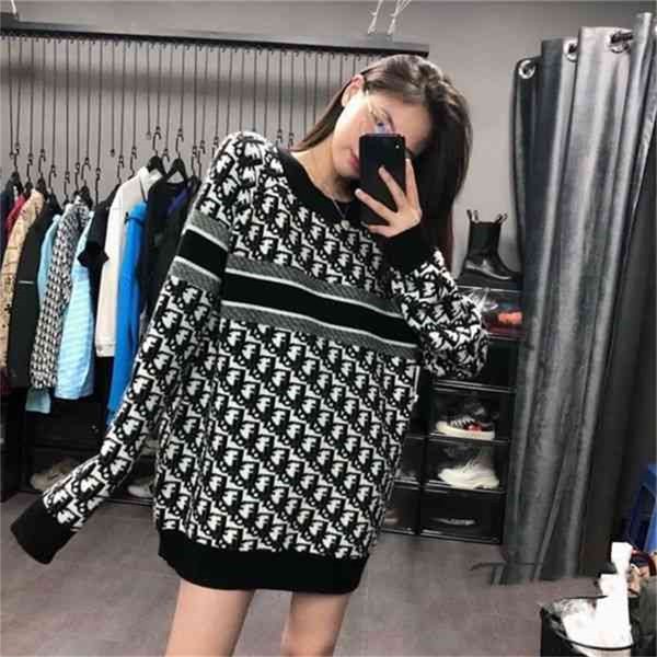

autumn and winter net red new product classic letter old flower knitted sweater loose men's women's same style couple tide br, Black;brown