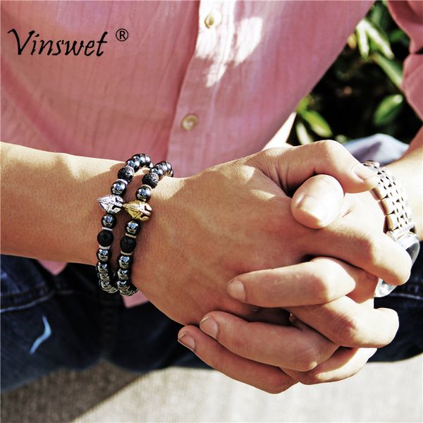 

spartan warrior gladiator helmet bracelets men natural stone bracelet for women lava hematite beads jewelry, Black