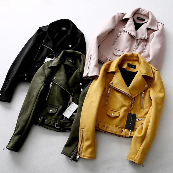 

fashionable autumn jacket women short slim ladies suede bomber jackets long sleeve casual coat belt1, Black