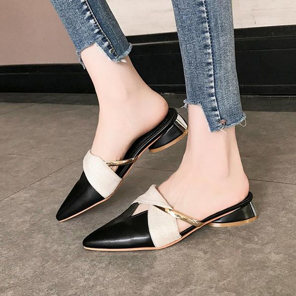 

heeled shoes women square heel mules designer slides flat slippers med multicolored sandals pointed toe soft luxury 2021, Black