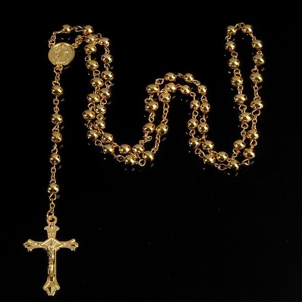 

6mm imitation gold iron bead rosary necklace, rosary necklace, beautiful cross pendant rose, Silver