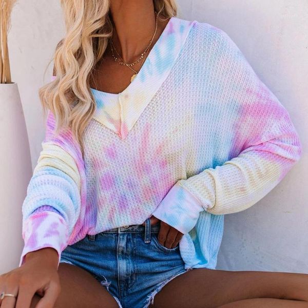 

women tie dye one shoulder long sleeve waffle sweater loose pullover blouse1, White
