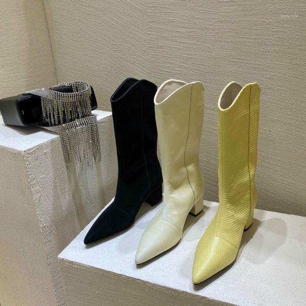 

boots dxfan pointed toe animal pattern cowboy western women med thick heel slip on knee brand design botas mujer1, Black