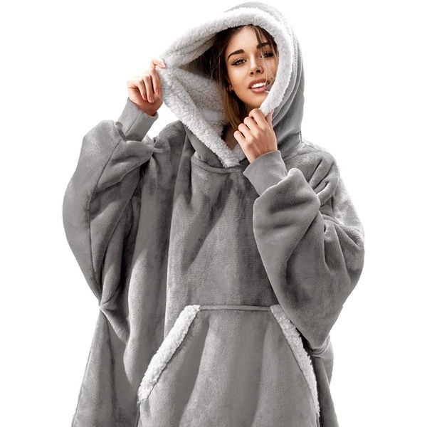 

women oversized hoodie sweatshirt winter fleece giant wearable blanket with sleeves hoodies sweat women clothes moletom feminino, Black