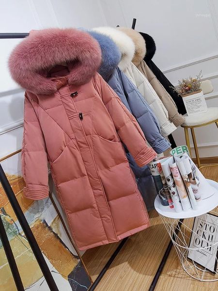 

2020 winter women's white duck down coat female real natural fur collar female hooded warm thick solid long parkas s441, Black