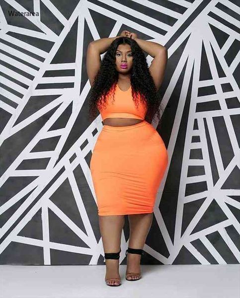 

summer plus size women o-neck sleeveless vest with pencil knee lengh skirt solid color casual two-piece set dm040, Gray
